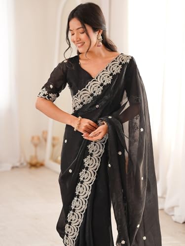 Image of SIRIL Women's Tissue Silk Sequence Embroidery Saree With Unstitched Blouse Piece
