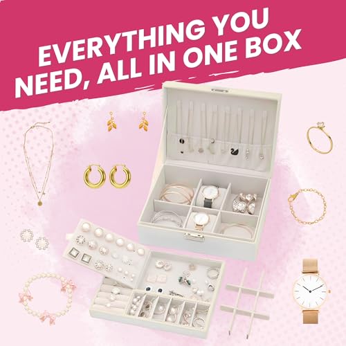 Image of OCEANEVO Jewellery Organiser Box WITH Makeup Sponge, Jwell Organizer Storage Box with Lock, Earrings, Necklace Organizer for Women - 23 x 17 x 8.5 Cm - White - 1 Year Warranty