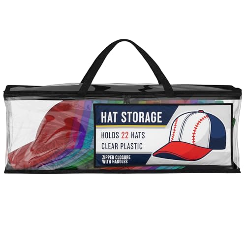 Houseables Baseball Cap Storage Bag, Hat Organizer Case, Cap Holder, Clear Plastic Tote, Black Handles, Moisture & Dust Proof, w/Zipper Closure, Holds up to 22 Hats, Dirt Protection, 23