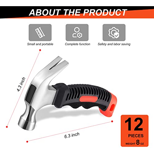 12 Pcs Stubby Claw Hammer, 8 Ounce Small Mini Stubby Hammer, Small Claw Hammers Lightweight Melt Claw Hammers Tool For Home Repair, Building, Household Work, Crafts Handmade Outdoor Camping, Tent Kit #TOP2