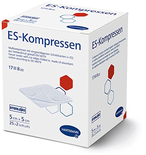 ES-KOMPRESSEN: Sterile Mullkompressen zur Wundreinigung & Wundabdeckung, sowie zum Auftragen von Salben, 5 x 5 cm, 8-fach, 17-fädig, 25x2 Stück