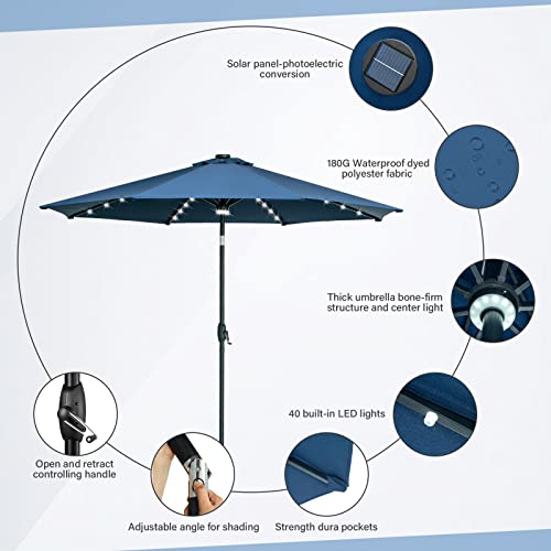 Ainfox 9Ft Solar Powered 32 Led Lighted Patio Umbrella Table Market Umbrellas With Crank And Push Button Tilt For Garden, Deck, Backyard, Pool, 8 Steel Ribs #TOP2