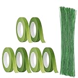 6 Rollen Floristenband und 20 Stiele Blumendraht, Grüner Blumendraht, Durchmesser Blumendrahtstangen für Bastelkränze und Sträuße