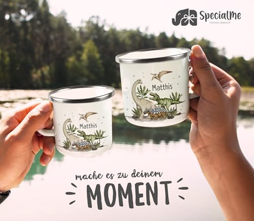 SpecialMe® Kinder-Tasse Emaille Dino mit Namen personalisiert Dinosaurier Namenstasse individuelle Geschenke Emaille-weiss-silber standard – Ansicht 4