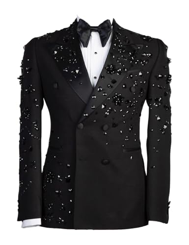 Luxury Men's 2 Piece Suit Slim Fit Double Breasted Beads Crystal Party Wedding Tuxedo Suits Blazer Jacket Pants Set