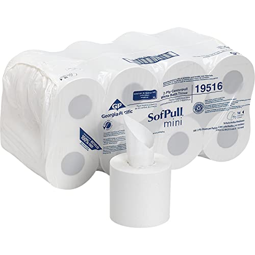 Georgia-Pacific SofPull Centerpull 2-Ply Mini Toilet Paper by GP PRO, 19516, 500 Sheets Per Roll, 16 Rolls Per Case, White