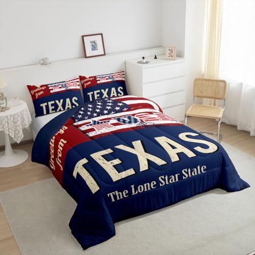 Image of Feelyou Kids American Flag Bedding Set Full Size, Texas Star Comforter Set Patriotism Comforter for Boys Girls Wild West Duvet Insert with 1 Pillow Case