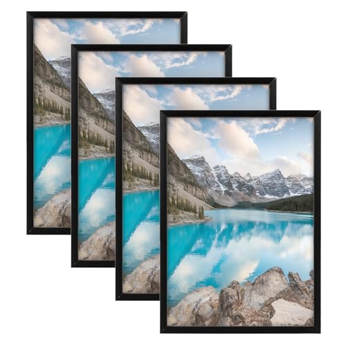 VIDETOL 4 cornici portafoto in alluminio A4, cornice in metallo nero, cornice per documenti da appendere, cornice portafoto nera per collage di foto