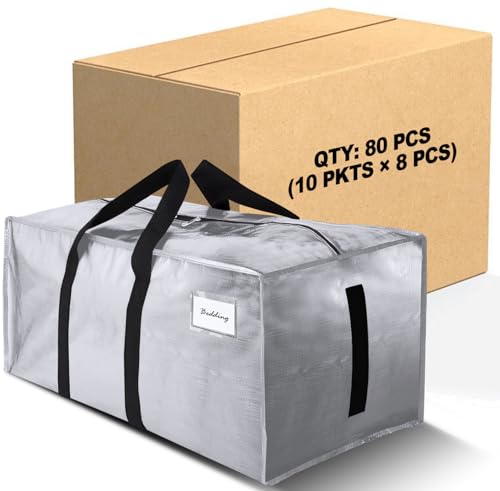 Image of 80 Pack Large Strong Moving Bags with Zippers & Carrying Handles - Water-Resistant - Heavy Duty Storage Tote for Space Saving, Fold Flat, Alternative to Moving Box (Silver)