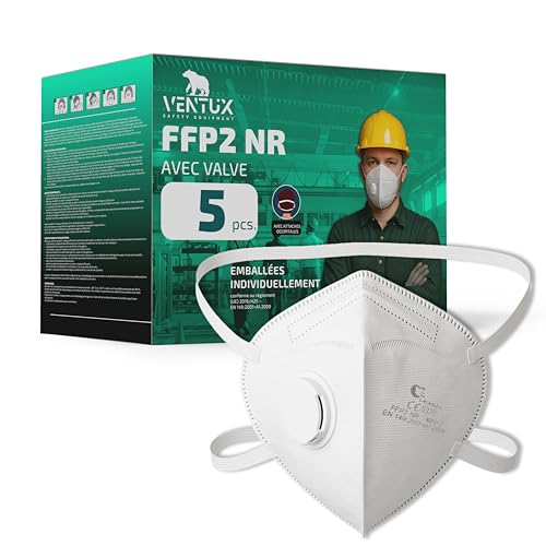 VENTUX SAFETY EQUIPMENT 5 pièces Masques FFP2 NR avec Valve, Conformes EN 149:2001+A1:2009, Emballés Individuellement, Haute Protection et Confort, Élastiques Auriculaires – Blanc