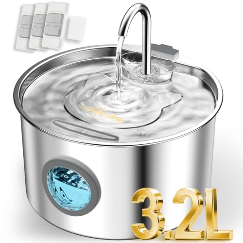 108oz/3.2L Stainless Steel Cat Water Fountain with Detachable Tank Easy to Clean & Assemble Pet Drinking Dispenser with Quiet Operation & LED Light Gifts for Cats Dogs and Small Pets
