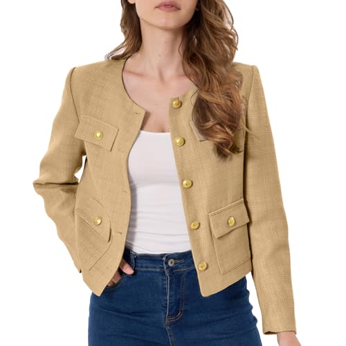 Women's Tweed Jacket Cropped Blazers Spring Summer Round Neck Business Work Office Plaid Jacket