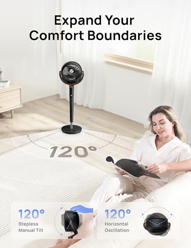 Image of DREO Fan for Bedroom, 120 Oscillating Standing Fan, Quiet Floor Fan with DC Motor, Pedestal Fan for Room, 9 Speeds, 4 modes, 120 Manual Vertical, 37-42 inch Adjustable Height, 9H Timer, Dark Gray