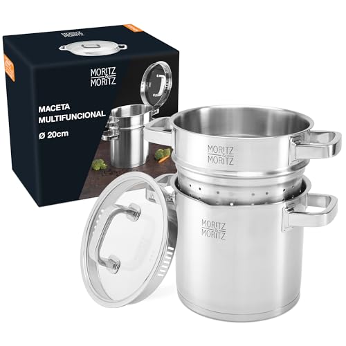 Moritz & Moritz Olla alta para pasta con colador de acero inoxidable 20 cm - Colador Pasta en la tapa - Capacidad hasta 5 litros - Apta para todo tipo de cocinas - Perfecta para hervir, cocer al vapor