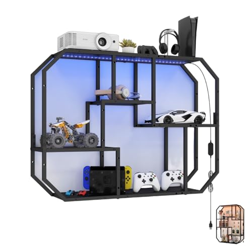 YU YUSING Étagère Vitrine Murale Gaming LED avec RGB 7 Couleurs, Vitrine Flottante Horizontale ou Verticale avec 3 Plateaux Verre Trempé - Deco Lumineuse...