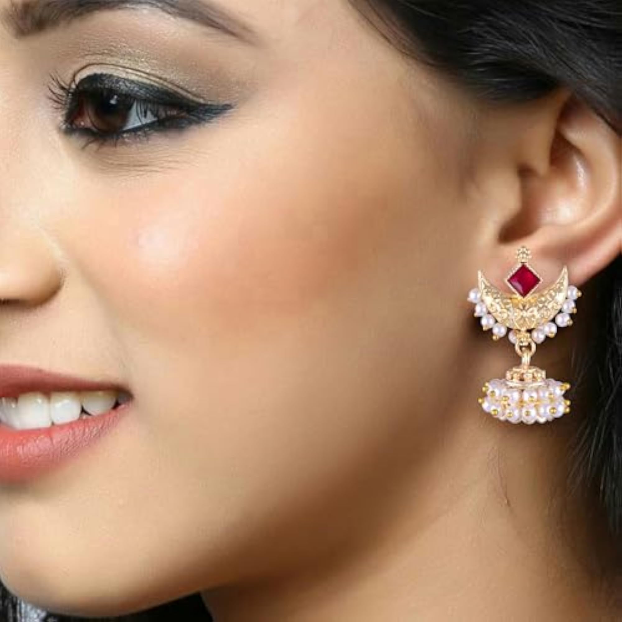 Women's Elite Charming Red Chandbali Pearl Earrings