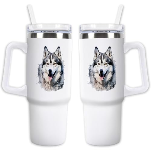 GABSHAIM Smiling Alaskan Malamute Dog Tumbler, Double-Walled Iced Stainless Steel Coffee Cup, 40oz Hot Travel Mug with Handle Straw & Lid, Double Sided Style 3
