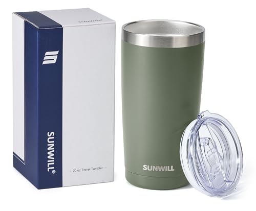 Image of SUNWILL Travel Coffee Tumbler 20 oz, Insulated Mug with Lid, Stainless Steel Iced Cup for Outdoor, Powder Coated Camp Green