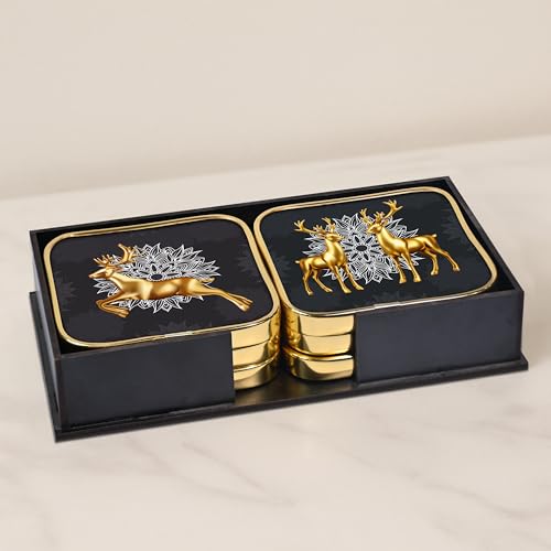 Image of Goelite Stylist Modern Wooden Coasters with Golden Border, Set of 6 with Stand, Handmade for Tea Cups, Coffee Mugs, Beer Mugs, 10 x 10 cm (Deer Pattern)