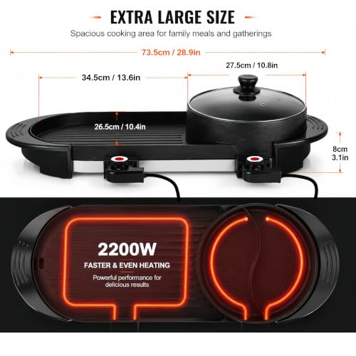 Image of SEAAN Hot Pot with Grill, Korean BBQ Grill Indoor Hotpot Pot Electric Combo, Shabu Shabu Pot with Divider KBBQ Grill Smokeless Non-stick Separate Dual Temperature Control, for 2-12 People, 110V