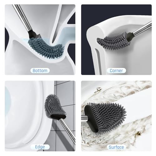 Image of Sellemer Silicone Toilet Brush, Ventilation Slots Base Holder 3 Pack, Black | Flexible Bristles Flat Head for Rim, Hair Tangle-Free, Easy to Clean, Compact Design, Rustproof Handle, for Toilet /Sink /Tub