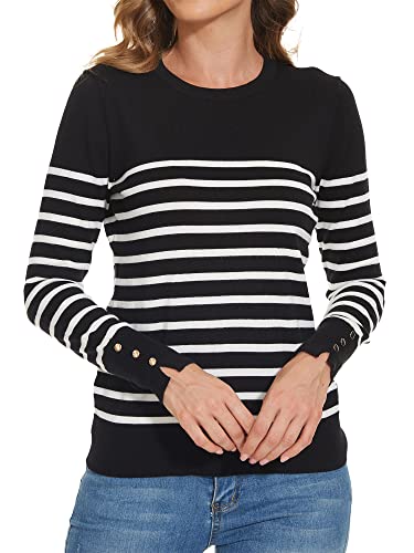 Image of Spicy Sandia Women's Long Sleeve Crewneck Sweaters Dressy Casual | Striped or Solid Available, Classic, Business Casual Tops for Office Work