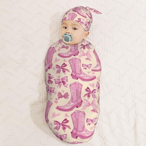 Image of Retro Pink Cowgirl Boot Newborn Swaddle Blankets Hat Sets Soft Baby Receiving Blanket Swaddle Sack for Baby Shower Infant Boy Girl Gift