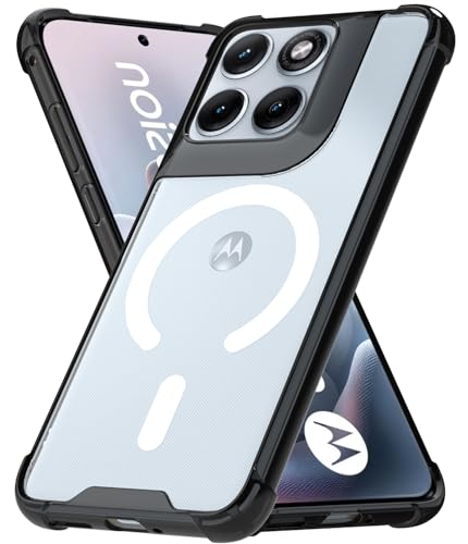 Image of RIGGEAR Shockproof Clear Hybrid Airbag Armor Magnetic Back Cover Case Compatible with MagSafe Accessories for Motorola Moto Edge 70 Fusion 5G (Clear-Black TPU Bumper + Transparent PC)(White)