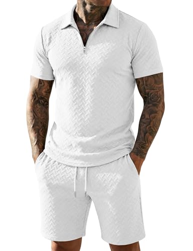 Image of URRU Mens Textured Polo Shirt and Shorts Sets Outfits 2 Piece Summer Tracksuits Casual Quarter Zip Golf Polo Shirts