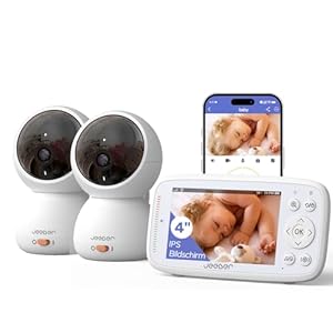 jeeber 360 Grad Babyphone mit 2 Kameras und APP, 4'' IPS WLAN Video Babyfon, Bereich alarme, ohne ABO Baby Kamera, Weinen/Bewegungs/Geräusch-E... hohe Reichweite