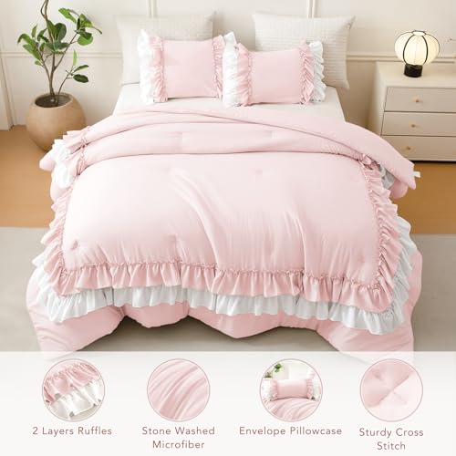 Image of QSH 3PCs Blush White Comforter Full with Ruffles,Farmhouse Shabby Boho Chic Pink Coquette Bedding Comforter Set Full Size (80 inchx90 inch) Ultra Soft Microfiber Lightweight Vintage Bed Set with Pillow Shams