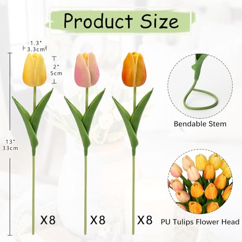 Image of 24 Pcs Artificial Tulips Flowers Mixcolor Real Touch Fake Tulips Fake Flowers for Mother's Day 13.5 inch Faux Tulips Faux Flowers Bulk Artificial Tulips Flowers for Vase Centerpieces Home Wedding Bouquet