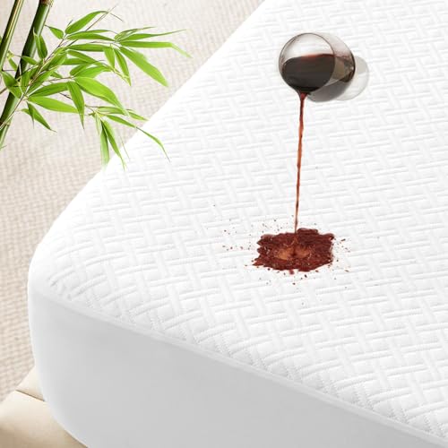 100% Waterproof Queen Mattress Protector, Breathable Bamboo Rayon Mattress Cover with 8”-21” Deep Pocket, Noiseless Cool 3D Air Mattress Cover, Hypoallergenic & Odor Resistant