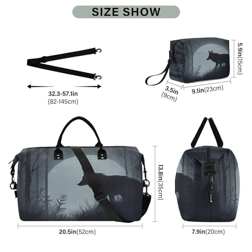 Large Travel Duffel Bag, Night and Wolf Sports Tote Gym Bag, Shoulder Weekender Overnight Bag for Women Men, Carry On Luggage with Toiletry Bags3