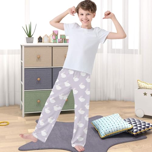 Boy's Pj Pants Cute White Rabbit Easter Pale Lilac Lounge Bottoms Elastic Waist Kids Joggers with Pockets Size 6-144