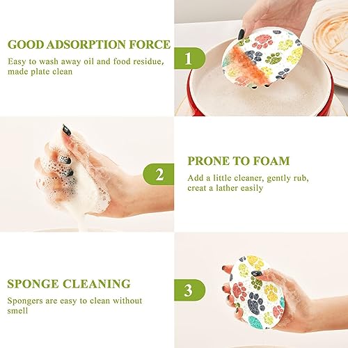 Image of Colorful Doodle Paw Prints Kitchen Sponges Animal Puppy Dog Cleaning Dish Sponges Non-Scratch Natural Scrubber Sponge for Kitchen Bathroom Cars, pack of 3