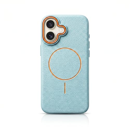 Image of amazon basics Luxury MagSafe Compatible Leather Texture Back Cover for iPhone 17 | Raised Camera Protection | Slim Fit Shockproof Case with Metallic Accents (Light Blue)