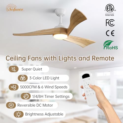 Image of Sofucor 52 Inch Ceiling Fan with Light and Remote, Large 3 Solid Wood Blade