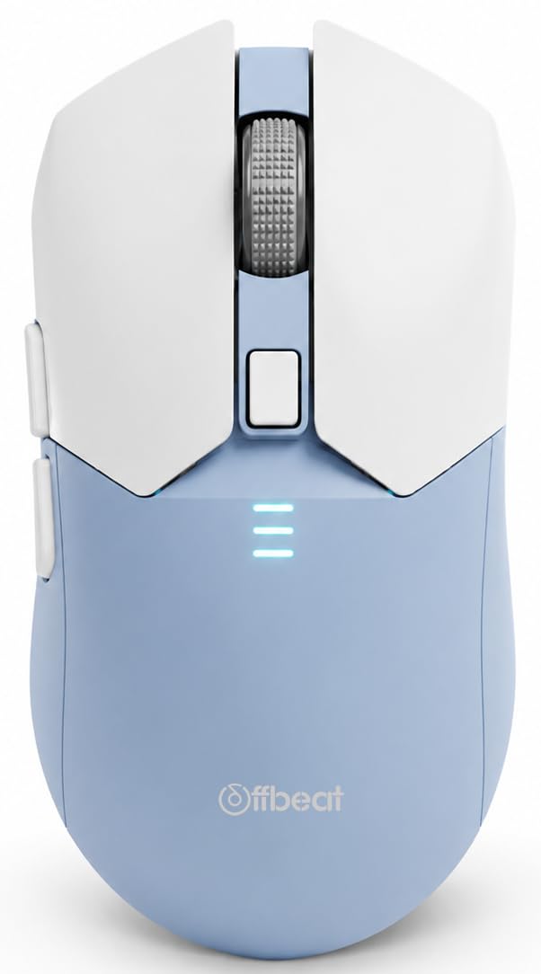Offbeat Ivy Wireless Gaming Mouse Bluetooth 5.2, 2.4GHz Triple Mode, Rechargeable 5000 DPI, 1000Hz Polling Rate, 6D Buttons, 600mAh Battery, Silent Click, Gaming Mouse for PC & Laptop – White Blue