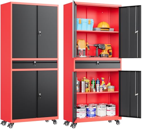 Image of SISESOL Metal Storage Cabinet with Wheels and Drawer,Rolling Garage Storage Cabinet with Lock,Black Red Metal Cabinets with Wheel,73 inch Mobile Tall Tool Cabinets on Wheel for Home,Office,Garage,Shop