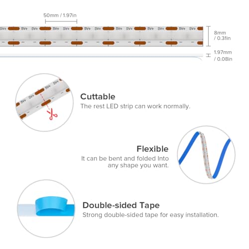 Image of 6.56FT /2M 5V USB LED Light Strip Blue Flexible High Density COB Strips 640LEDs, 8mm LED Tape for Under Cabinet Bedroom No Controller and Power