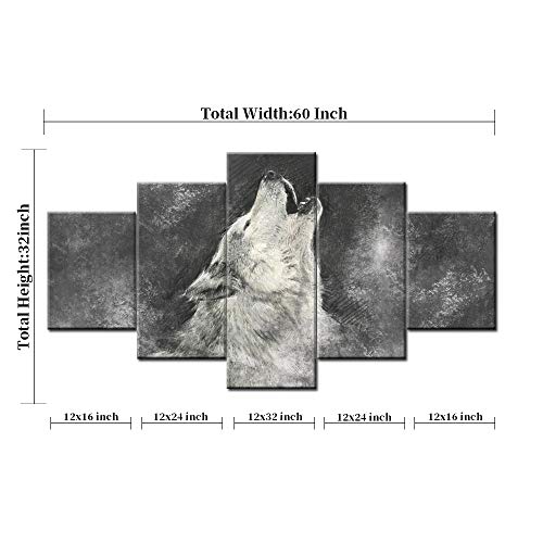 Youhong 5 Piece Modern Wolf Poster Animal Wall Art Grey Wolf Wall Art Animal Canvas Wall Art Wolf Painting Animal Poster For Bedroom Living Room Decor Ready To Hang (60''W X 32''H) #TOP3
