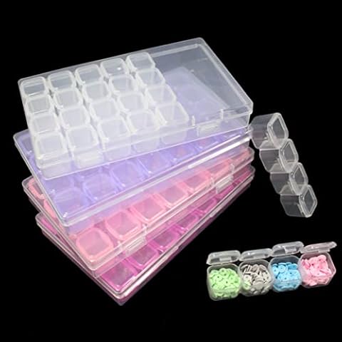 LVDGE Colorful 4 Pcs 28 Grids(112 Slots) Diamond Painting Storage Container, Plastic Clear Mini Organizer Boxes For Embroidery, Beads, Nail Art and Crafts Supplies, Small Findings Cover