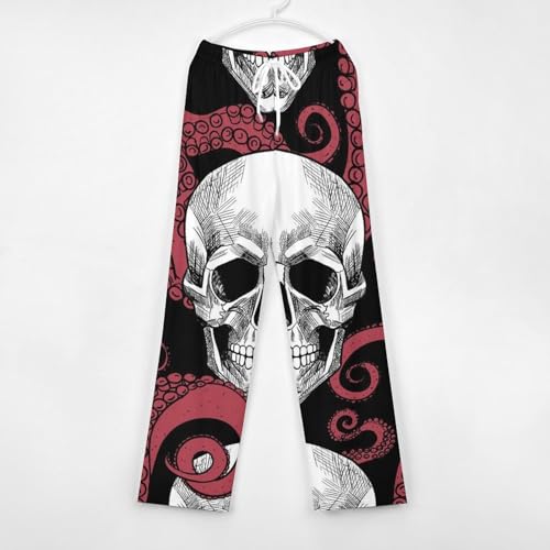 Bas de pyjama femme rouge avec motif crâne de pieuvre pantalon de détente fluide en taille S
