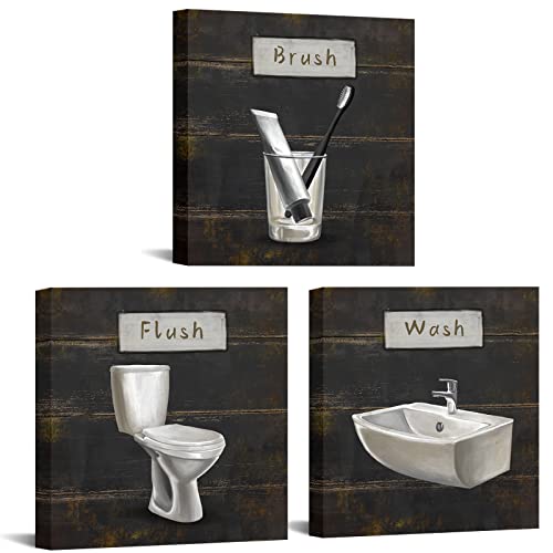 RyounoArt 3-teiliges Badezimmer-Druckbild, Wandkunst, Waschpinsel, Flush Schild, Bilder, Leinwand, rustikales Bauernhaus, Waschraum, Dekoration, Bild, Toilettengemälde, Galerie, fertig zum Aufhängen Cover