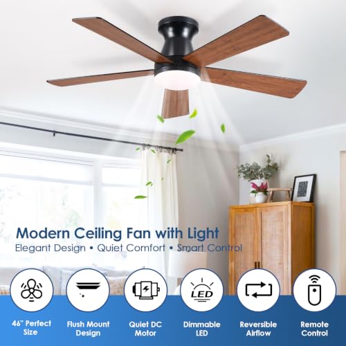 Image of Mpayel 46'' Brown Low Profile Ceiling Fan with Light and Remote Flush Mount