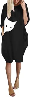 HIRIRI Women Summer Autumn Long Sleeve Pocket Oversized Pullover Tops Cute Cat Printed Loose Short Mini Dress - coolthings.us