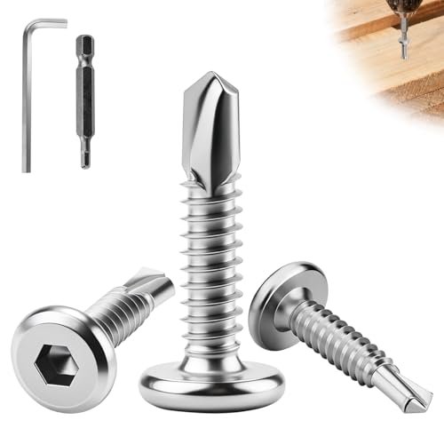 jwtyu 110 pièces Vis Autoforeuse en acier inoxydable M5.5x25 mm Vis à tôle 410 Vis autotaraudeuses en acier inoxydable à tête plate et six pans creux Vis...