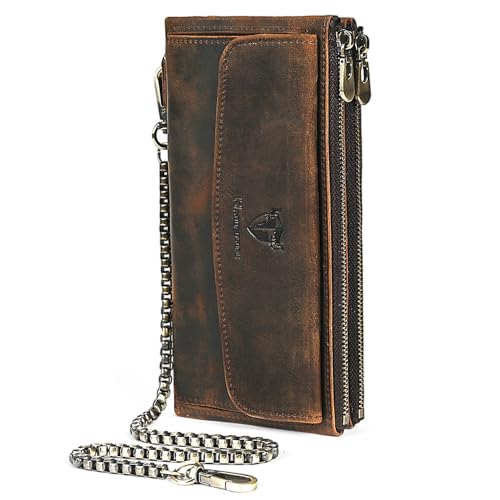 Image of Genuine Crazy Horse Leather Travel Gift Coin Pocket Card Case Long Organizer Chain Rfid Wallet Purse With Snap For Men Male 1803 1815 (6032 brown)