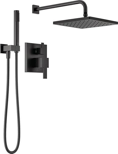 Delta Faucet Modern Raincan - Sistema de ducha cuadrado de 2 ajustes, incluye cabezal de ducha de lluvia y rociador de mano negro, sistema de ducha